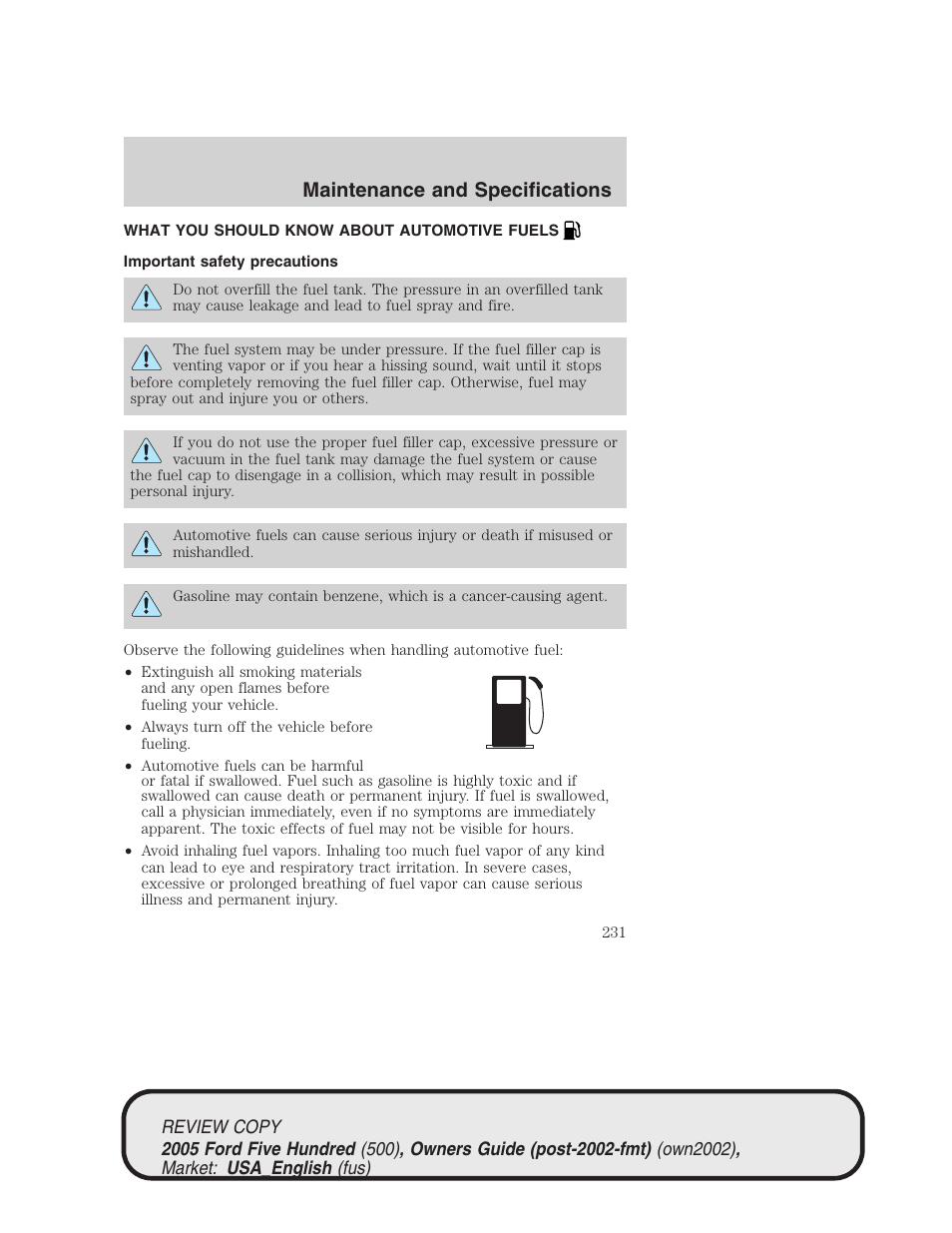 Maintenance and specifications | FORD 2005 Five Hundred v.1 User Manual | Page 231 / 264