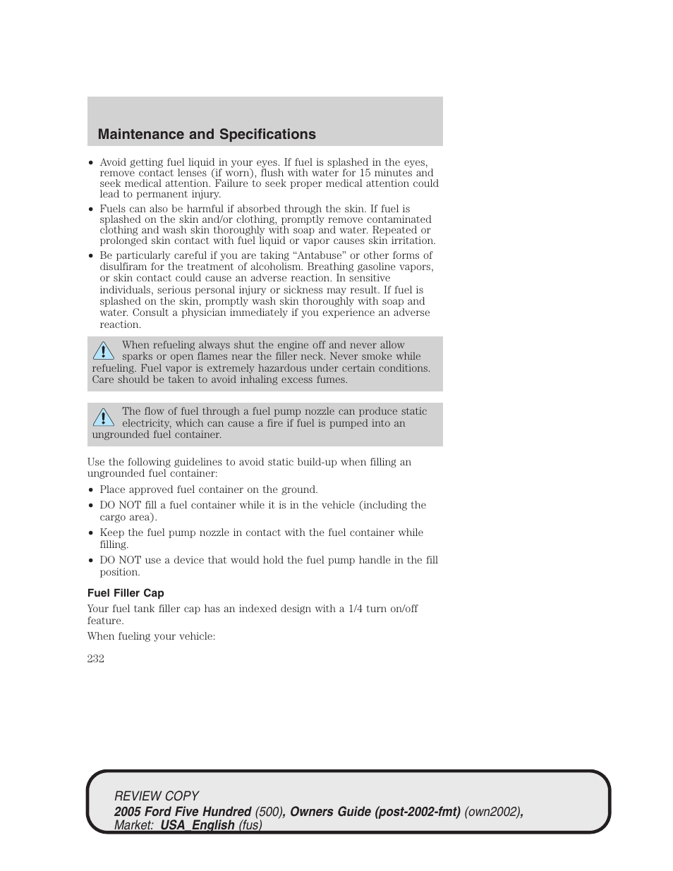 Maintenance and specifications | FORD 2005 Five Hundred v.1 User Manual | Page 232 / 264