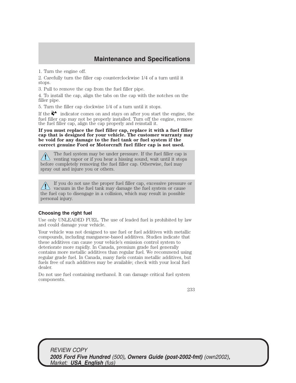 Maintenance and specifications | FORD 2005 Five Hundred v.1 User Manual | Page 233 / 264