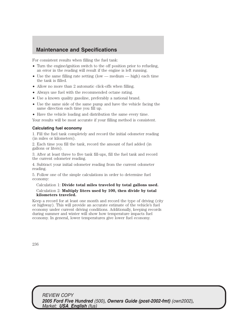 Maintenance and specifications | FORD 2005 Five Hundred v.1 User Manual | Page 236 / 264