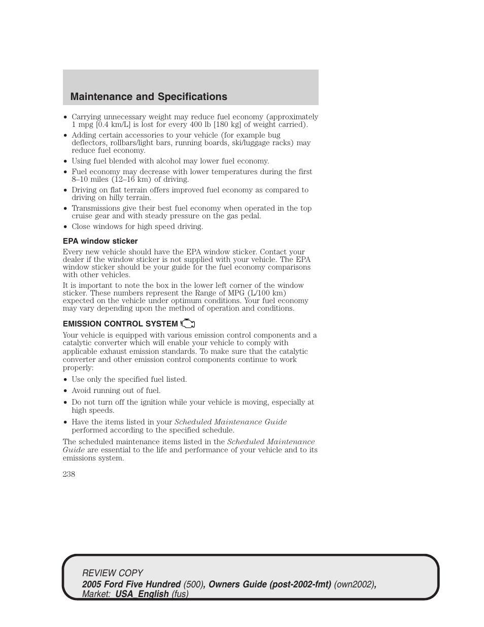 Maintenance and specifications | FORD 2005 Five Hundred v.1 User Manual | Page 238 / 264