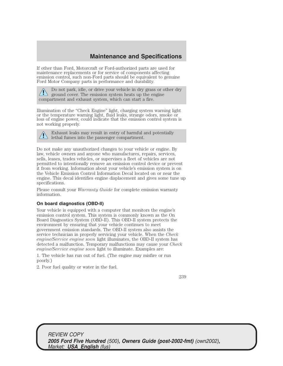 Maintenance and specifications | FORD 2005 Five Hundred v.1 User Manual | Page 239 / 264