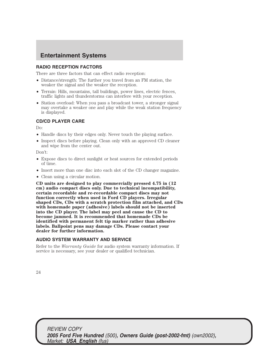 Entertainment systems | FORD 2005 Five Hundred v.1 User Manual | Page 24 / 264