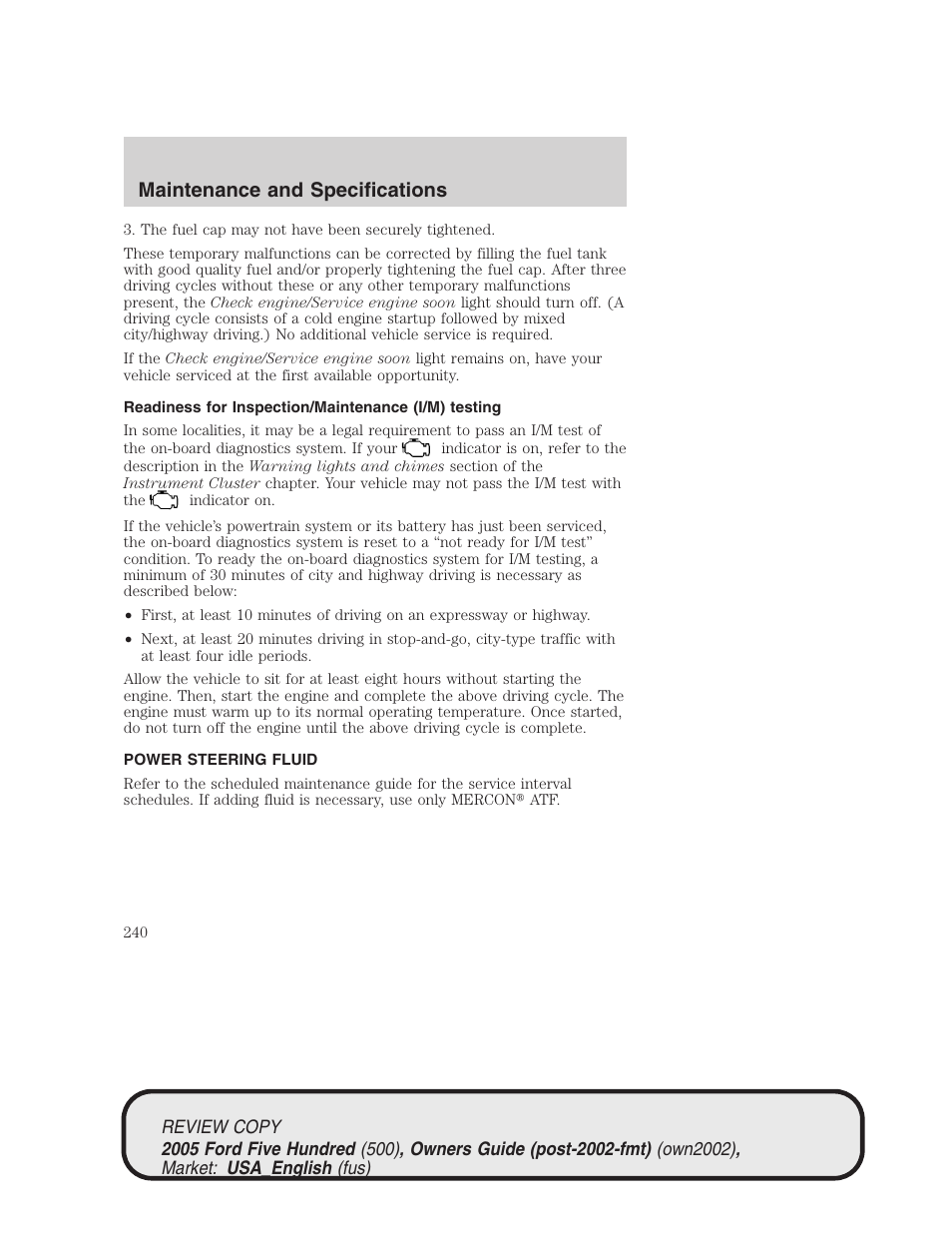 Maintenance and specifications | FORD 2005 Five Hundred v.1 User Manual | Page 240 / 264