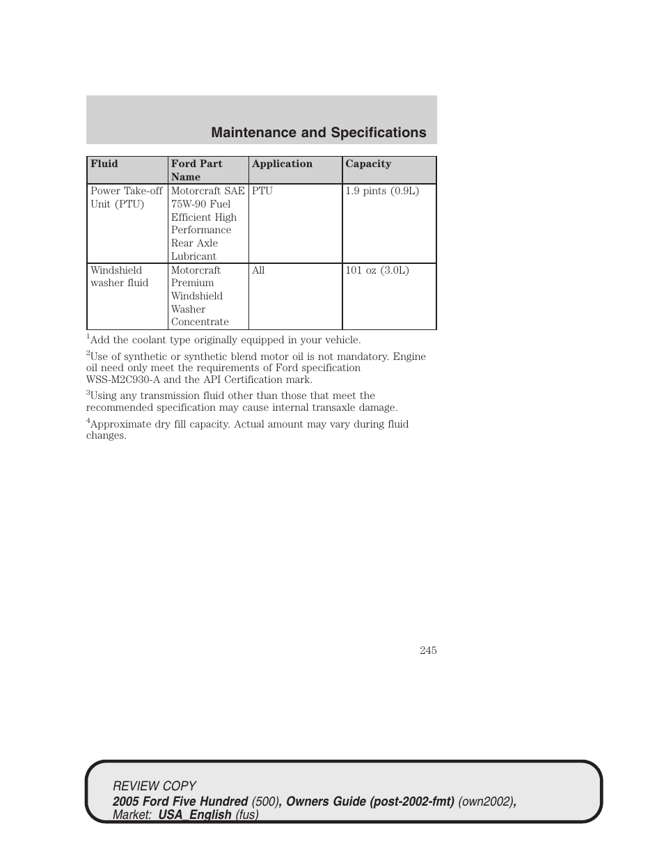 Maintenance and specifications | FORD 2005 Five Hundred v.1 User Manual | Page 245 / 264