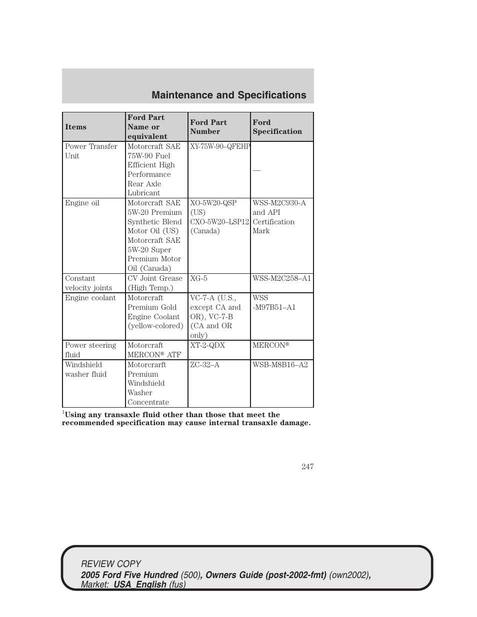 Maintenance and specifications | FORD 2005 Five Hundred v.1 User Manual | Page 247 / 264