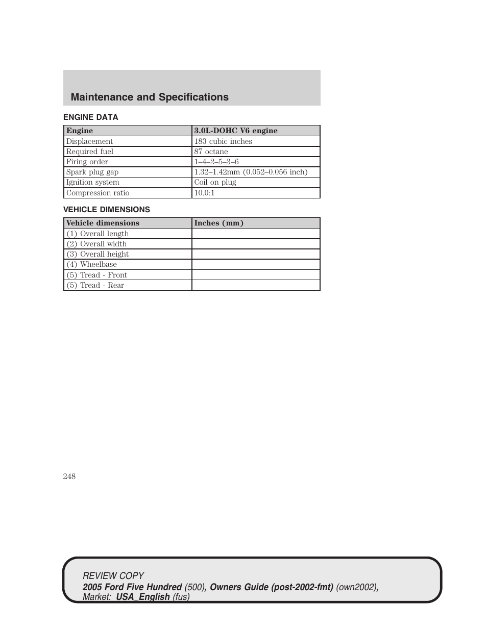 Maintenance and specifications | FORD 2005 Five Hundred v.1 User Manual | Page 248 / 264