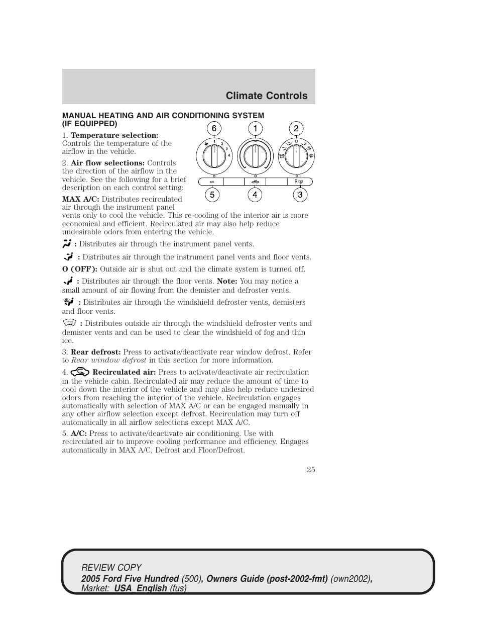 Climate controls | FORD 2005 Five Hundred v.1 User Manual | Page 25 / 264