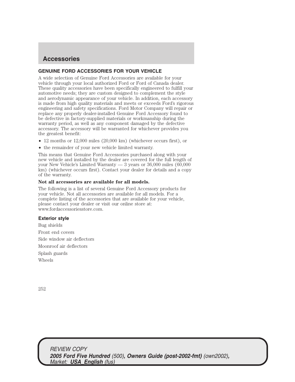 Accessories | FORD 2005 Five Hundred v.1 User Manual | Page 252 / 264