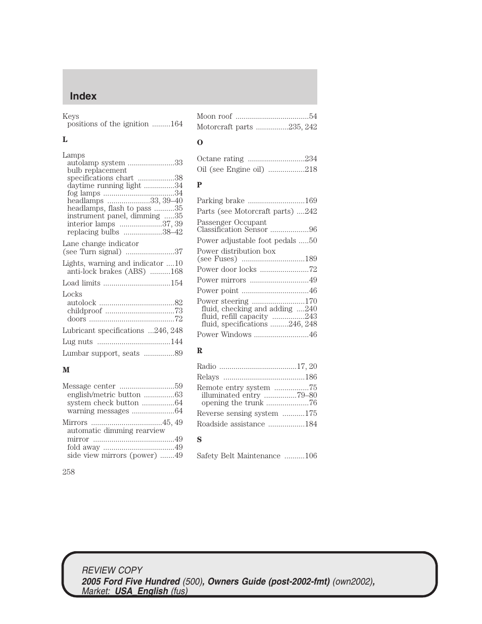 Index | FORD 2005 Five Hundred v.1 User Manual | Page 258 / 264