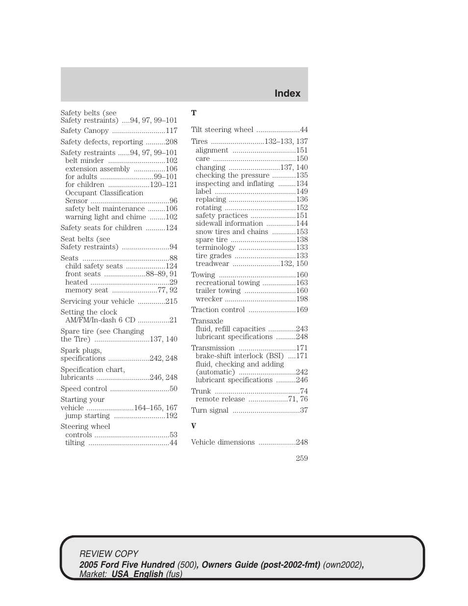 Index | FORD 2005 Five Hundred v.1 User Manual | Page 259 / 264