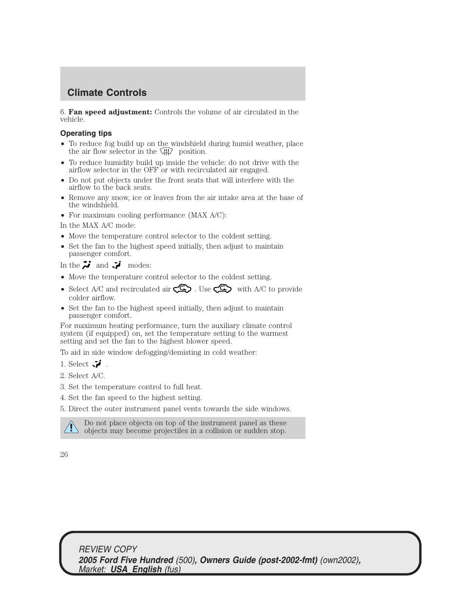 Climate controls | FORD 2005 Five Hundred v.1 User Manual | Page 26 / 264