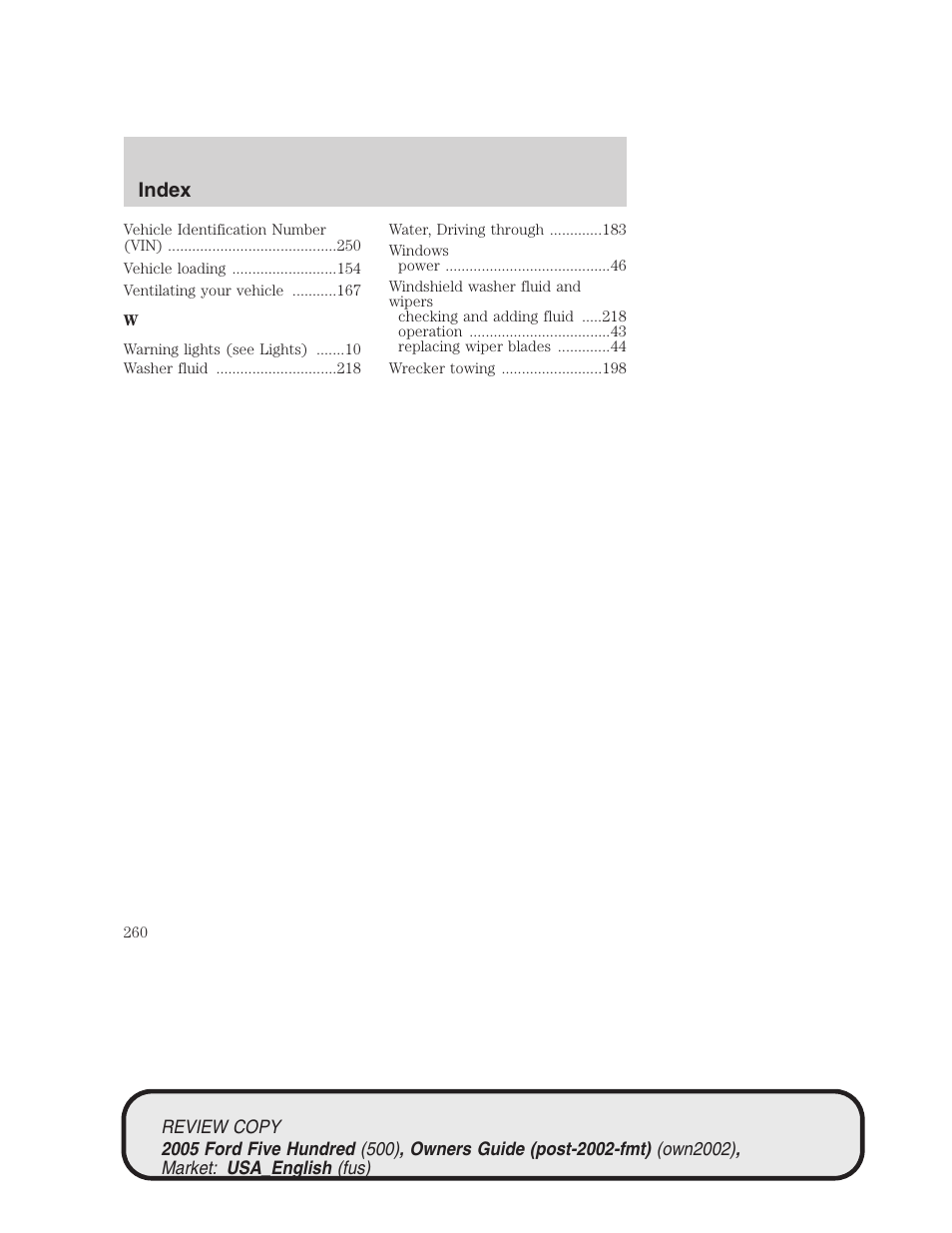 Index | FORD 2005 Five Hundred v.1 User Manual | Page 260 / 264