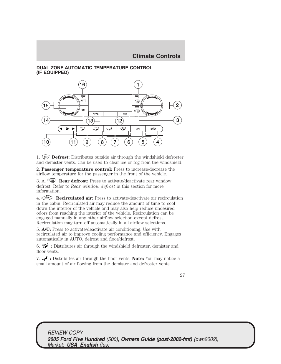 Climate controls | FORD 2005 Five Hundred v.1 User Manual | Page 27 / 264