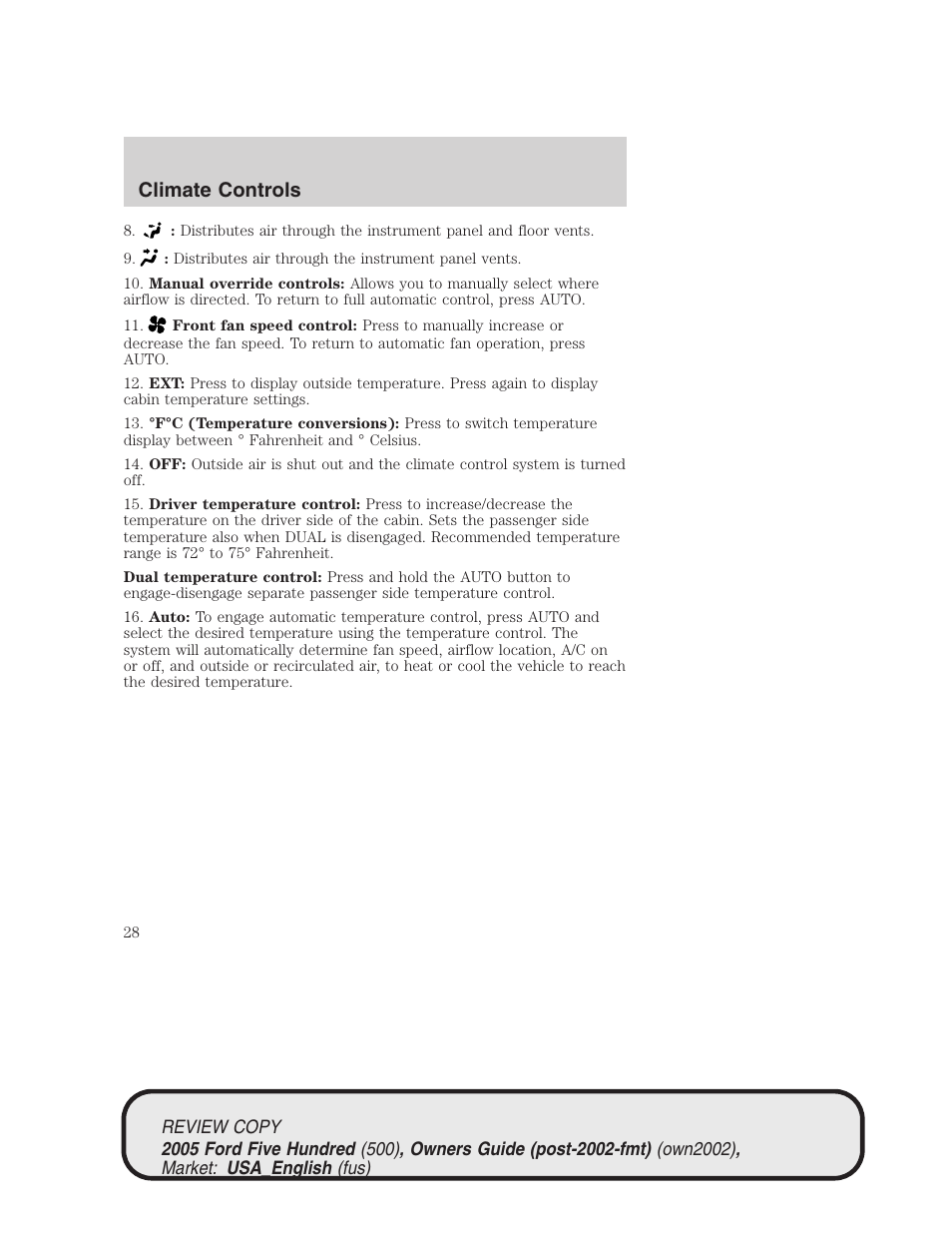 Climate controls | FORD 2005 Five Hundred v.1 User Manual | Page 28 / 264