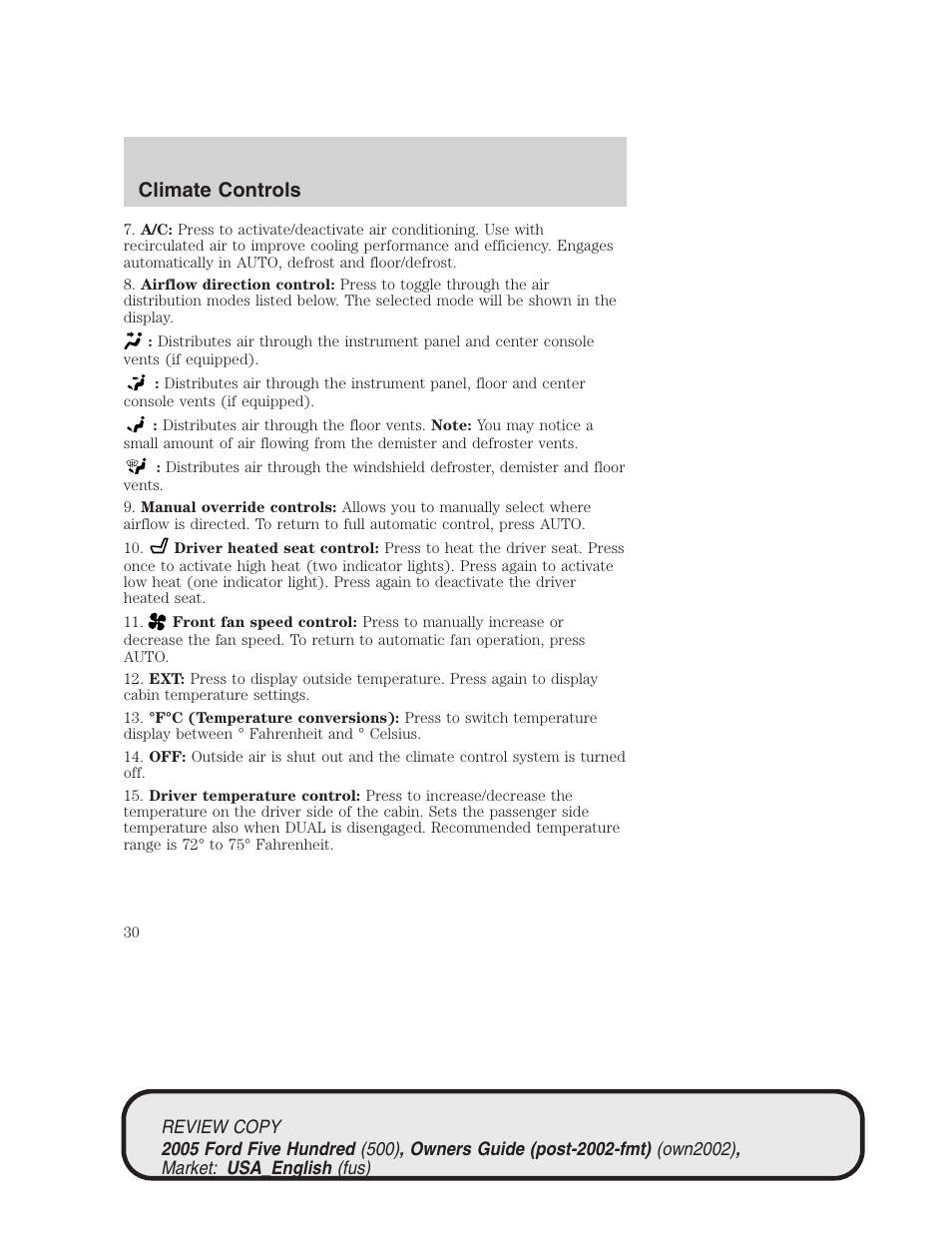 Climate controls | FORD 2005 Five Hundred v.1 User Manual | Page 30 / 264