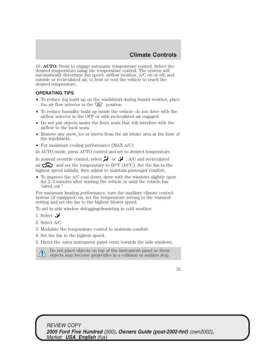 Climate controls | FORD 2005 Five Hundred v.1 User Manual | Page 31 / 264