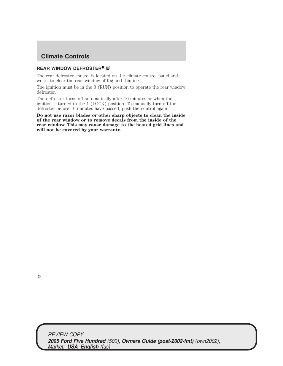 Climate controls | FORD 2005 Five Hundred v.1 User Manual | Page 32 / 264