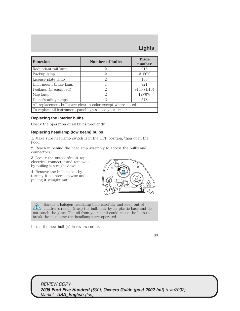 Lights | FORD 2005 Five Hundred v.1 User Manual | Page 39 / 264