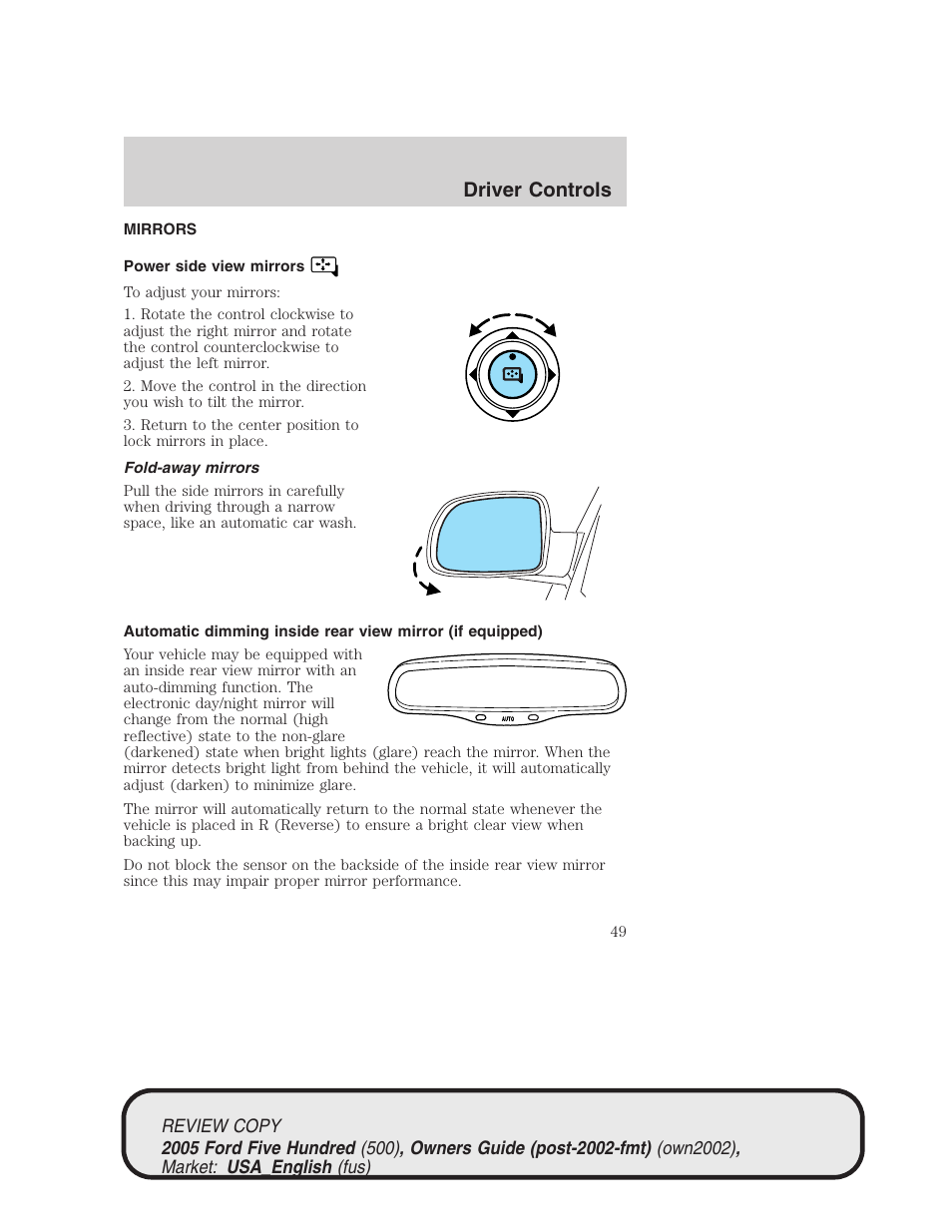 Driver controls | FORD 2005 Five Hundred v.1 User Manual | Page 49 / 264