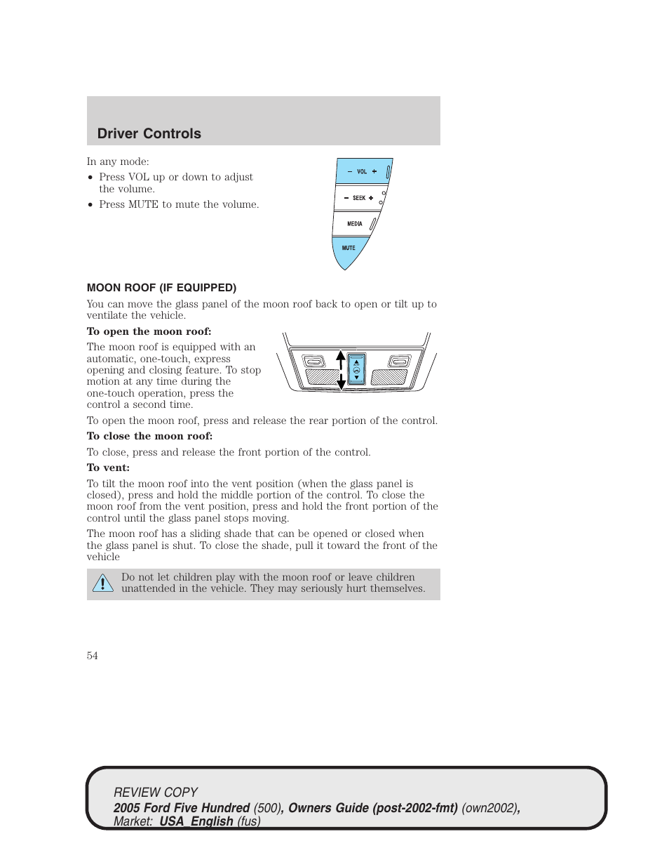 Driver controls | FORD 2005 Five Hundred v.1 User Manual | Page 54 / 264
