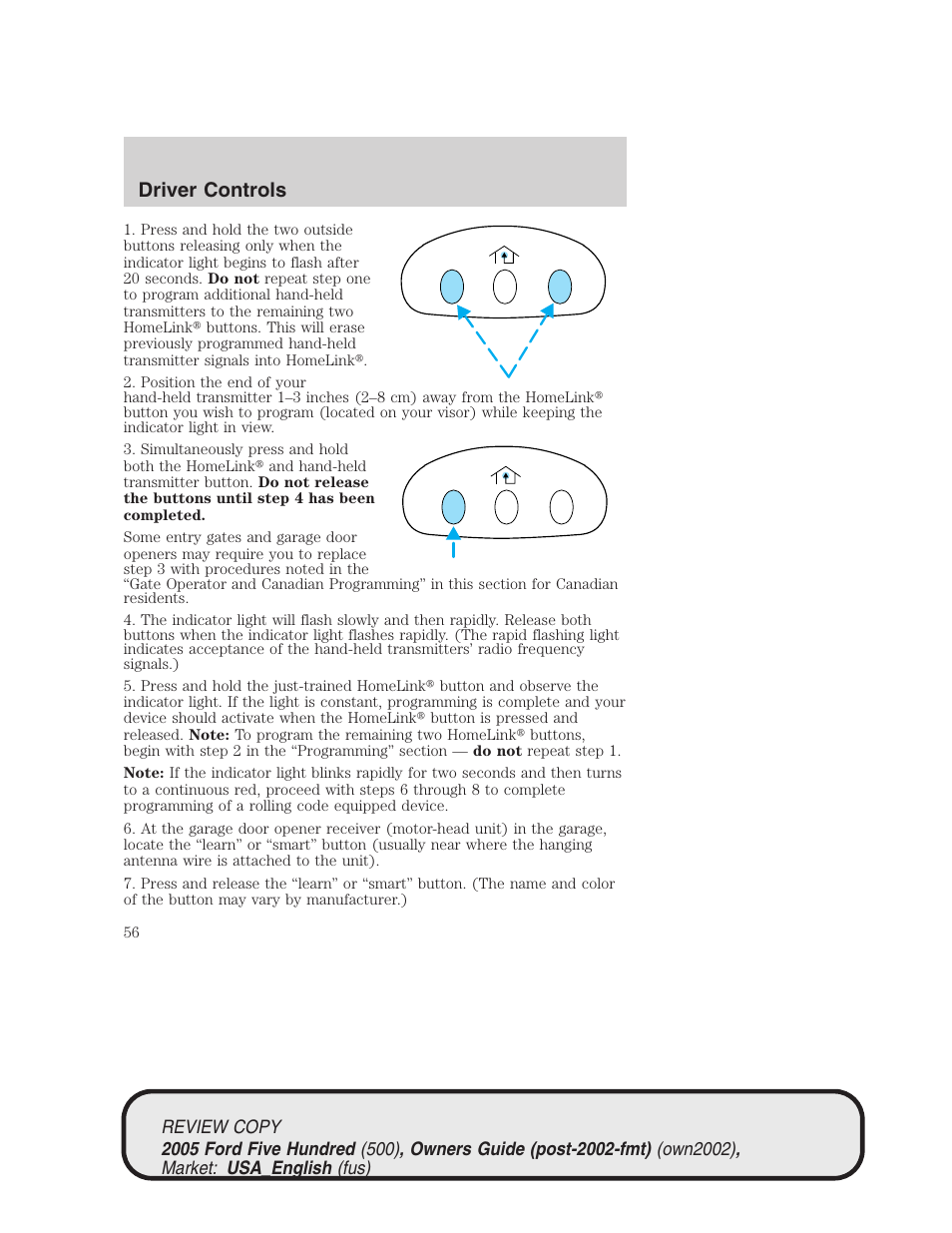 Driver controls | FORD 2005 Five Hundred v.1 User Manual | Page 56 / 264