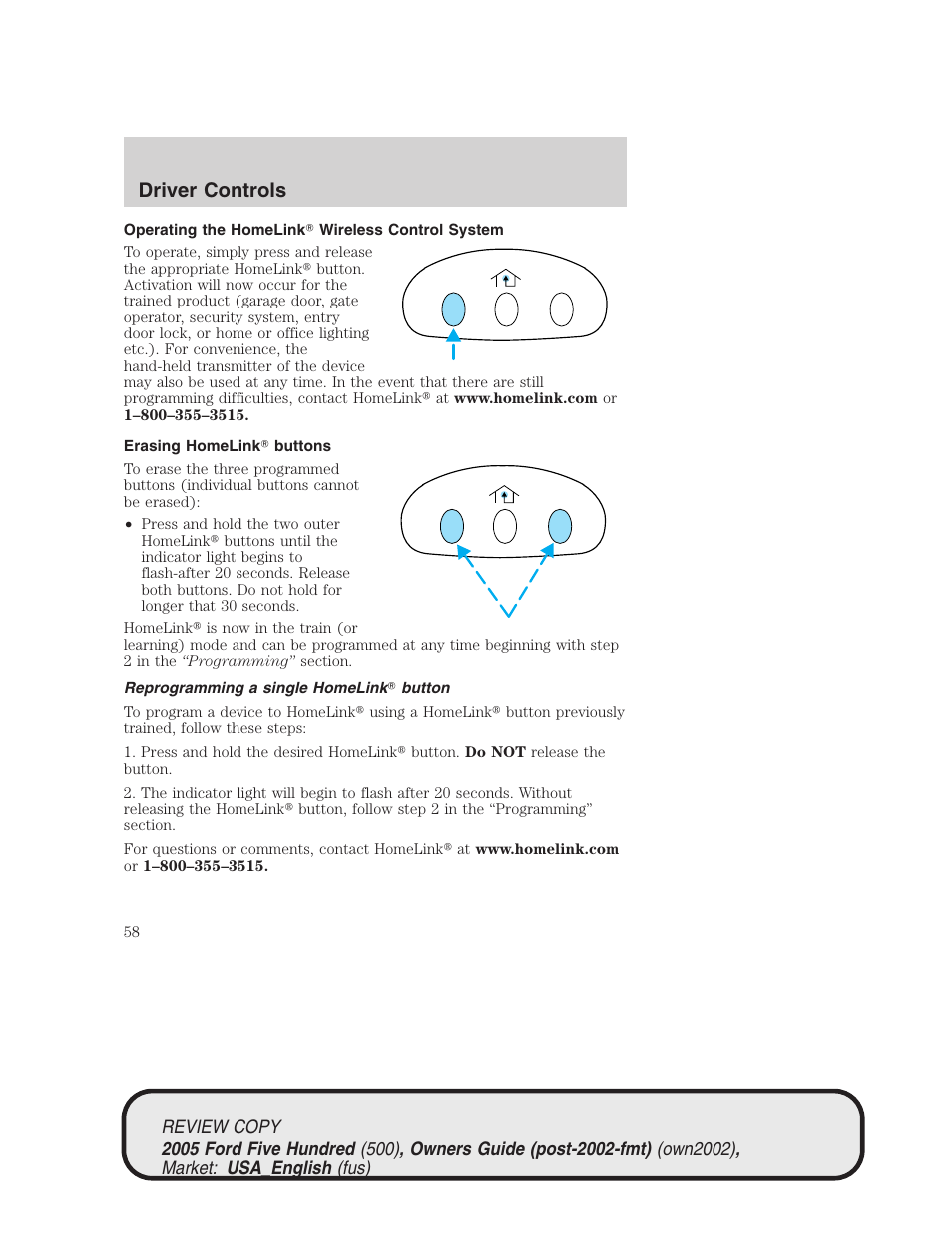Driver controls | FORD 2005 Five Hundred v.1 User Manual | Page 58 / 264