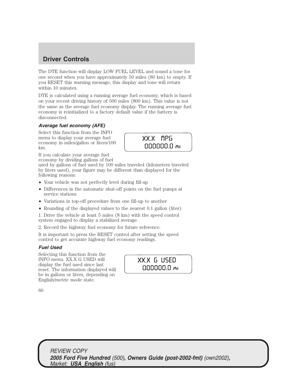 Driver controls | FORD 2005 Five Hundred v.1 User Manual | Page 60 / 264