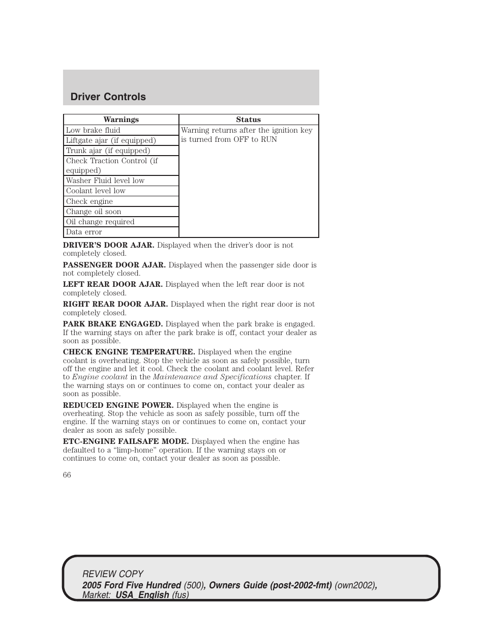 Driver controls | FORD 2005 Five Hundred v.1 User Manual | Page 66 / 264