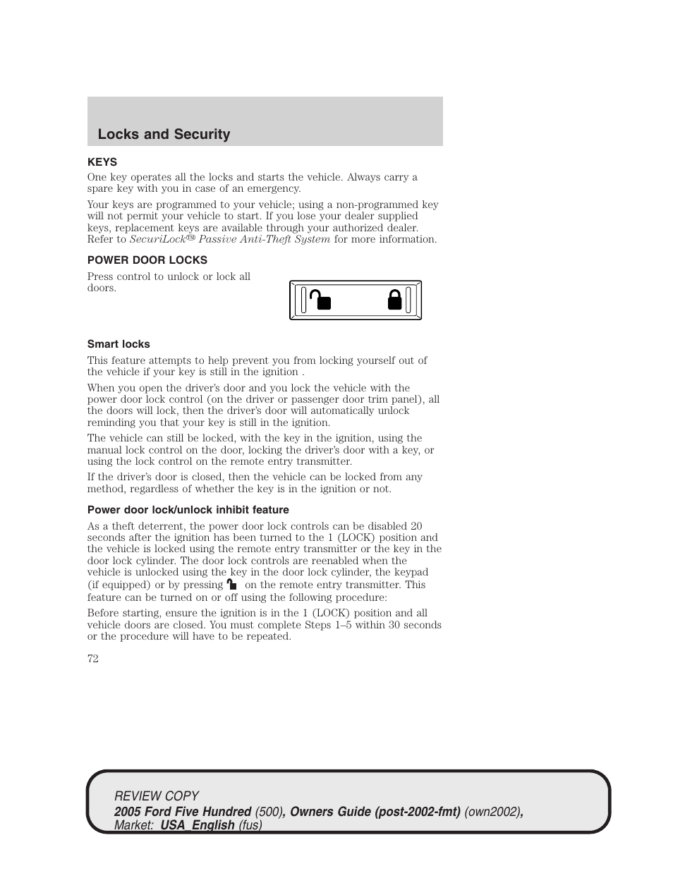 Locks and security | FORD 2005 Five Hundred v.1 User Manual | Page 72 / 264
