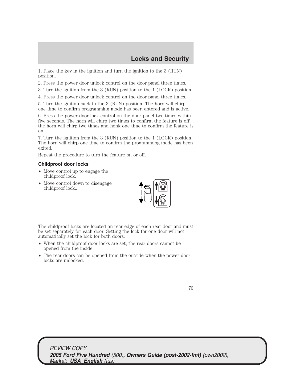 Locks and security | FORD 2005 Five Hundred v.1 User Manual | Page 73 / 264