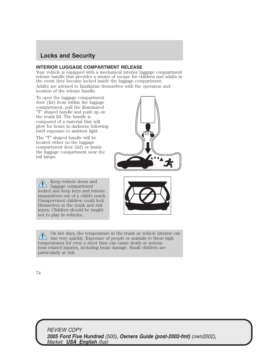 Locks and security | FORD 2005 Five Hundred v.1 User Manual | Page 74 / 264