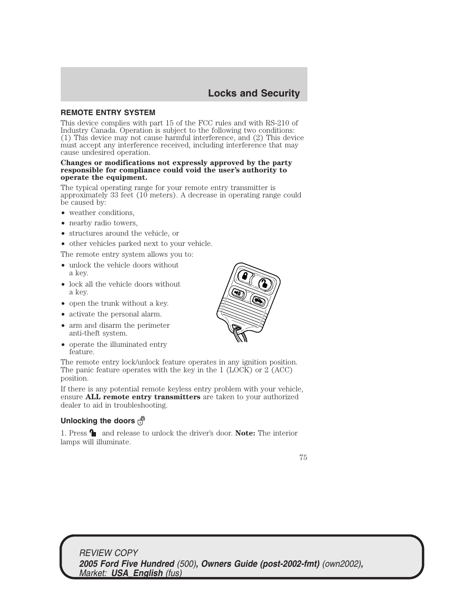 Locks and security | FORD 2005 Five Hundred v.1 User Manual | Page 75 / 264