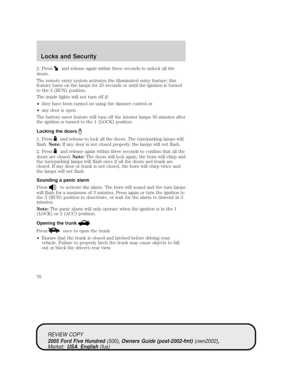 Locks and security | FORD 2005 Five Hundred v.1 User Manual | Page 76 / 264