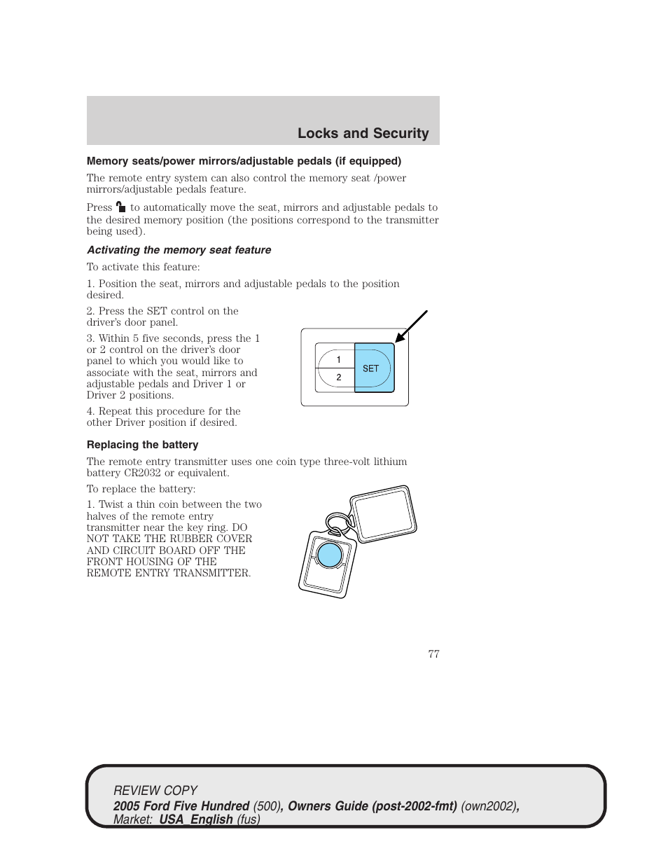 Locks and security | FORD 2005 Five Hundred v.1 User Manual | Page 77 / 264