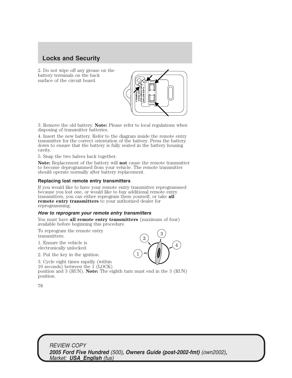 Locks and security | FORD 2005 Five Hundred v.1 User Manual | Page 78 / 264