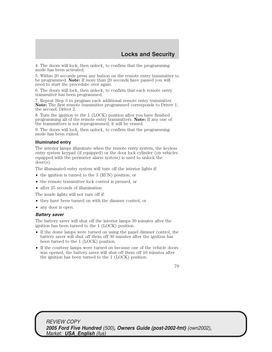 Locks and security | FORD 2005 Five Hundred v.1 User Manual | Page 79 / 264