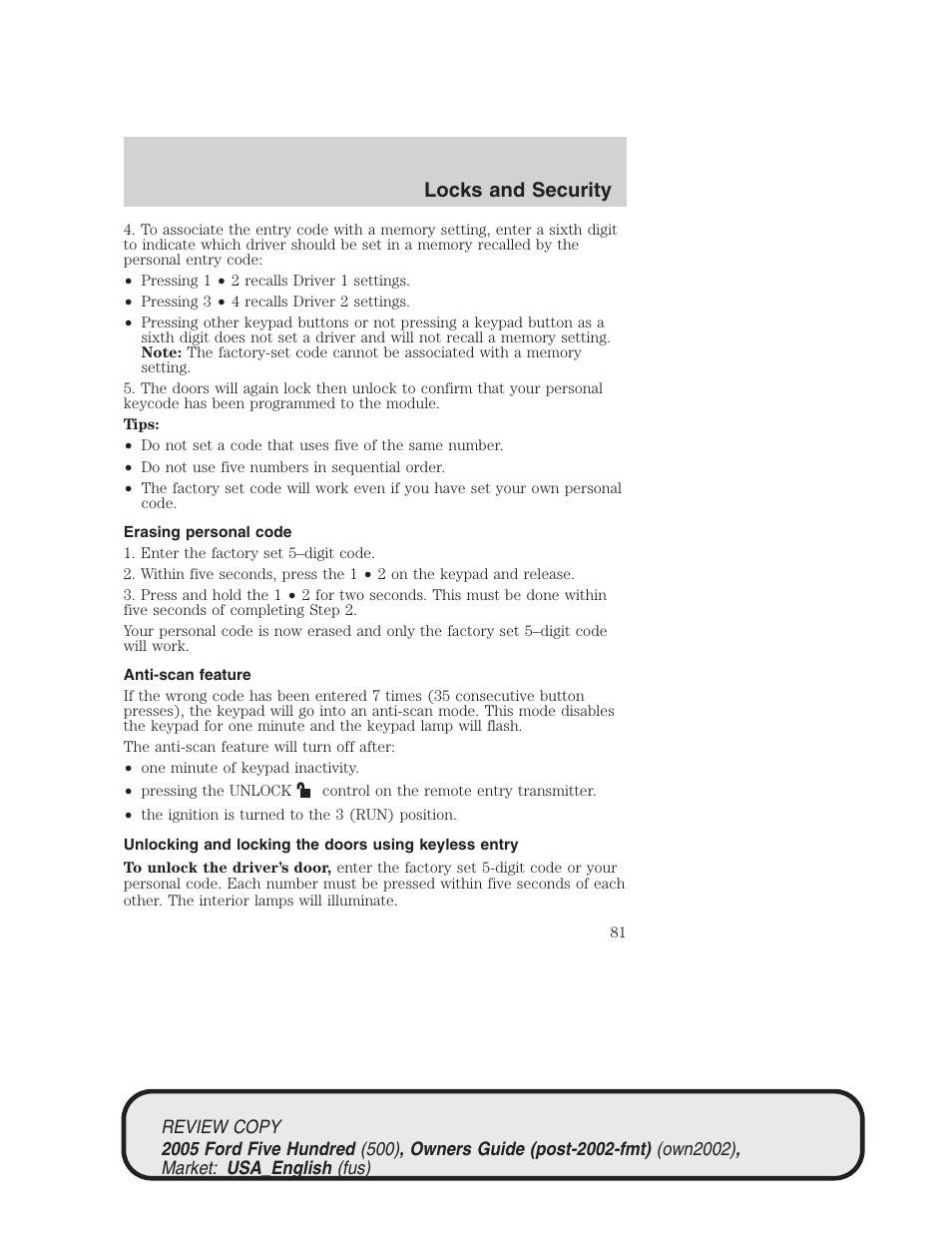 Locks and security | FORD 2005 Five Hundred v.1 User Manual | Page 81 / 264