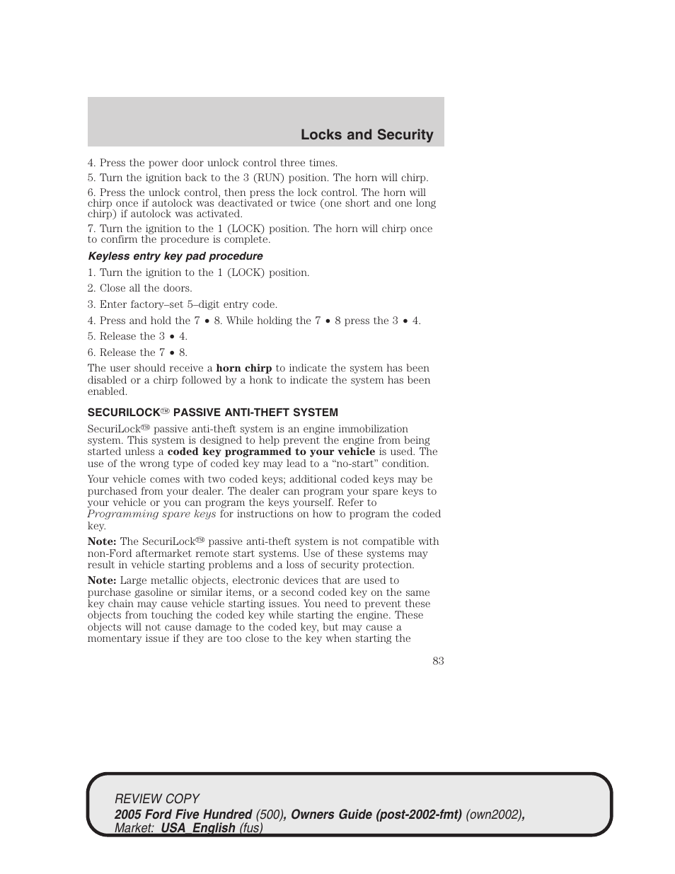 Locks and security | FORD 2005 Five Hundred v.1 User Manual | Page 83 / 264