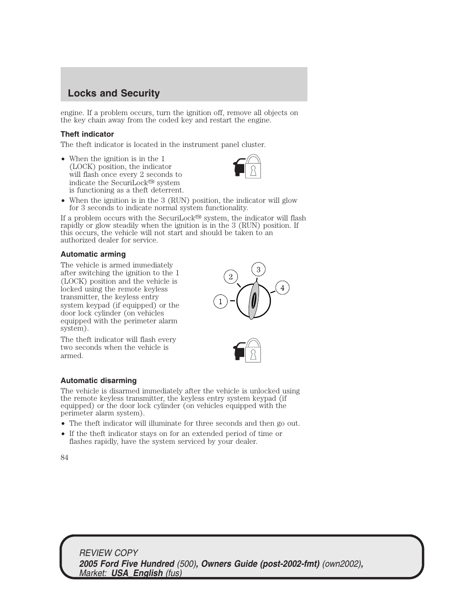 Locks and security | FORD 2005 Five Hundred v.1 User Manual | Page 84 / 264