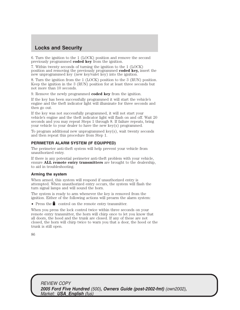 Locks and security | FORD 2005 Five Hundred v.1 User Manual | Page 86 / 264