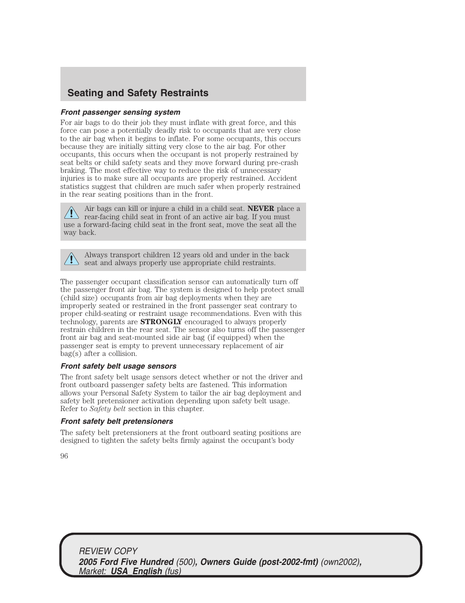 Seating and safety restraints | FORD 2005 Five Hundred v.1 User Manual | Page 96 / 264