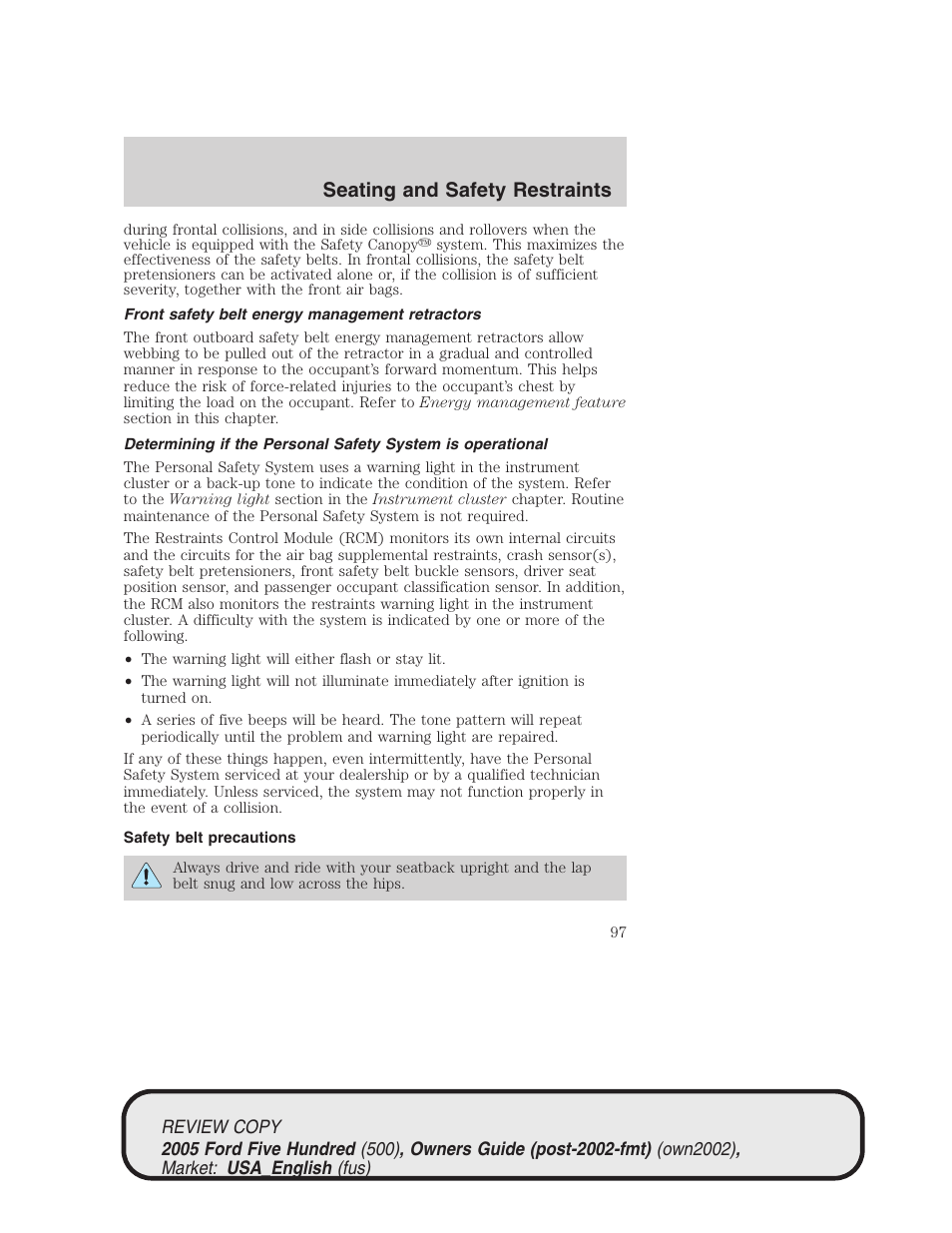 Seating and safety restraints | FORD 2005 Five Hundred v.1 User Manual | Page 97 / 264