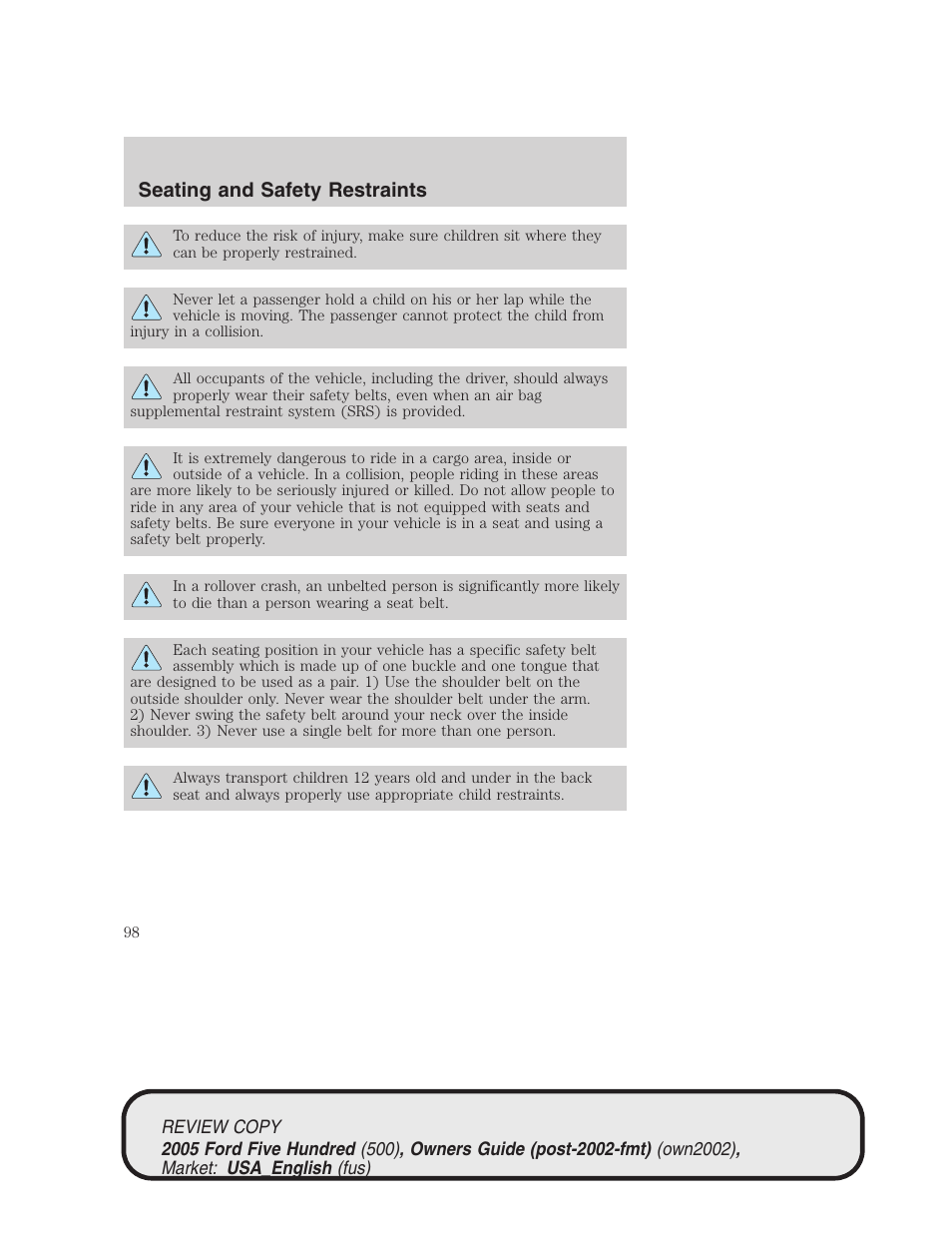 Seating and safety restraints | FORD 2005 Five Hundred v.1 User Manual | Page 98 / 264