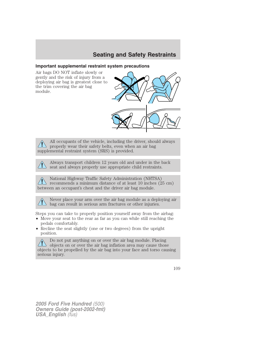 Seating and safety restraints | FORD 2005 Five Hundred v.2 User Manual | Page 109 / 264