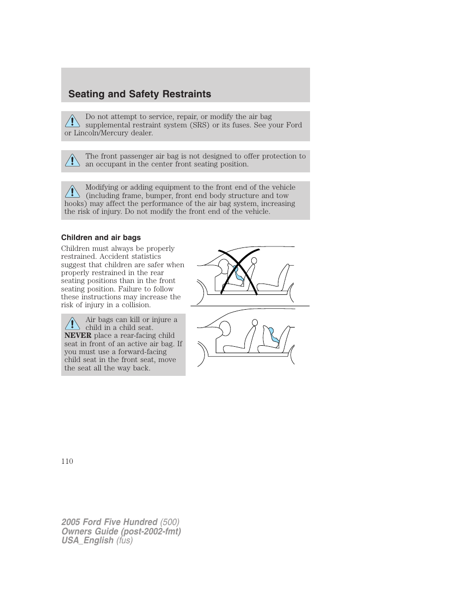 Seating and safety restraints | FORD 2005 Five Hundred v.2 User Manual | Page 110 / 264