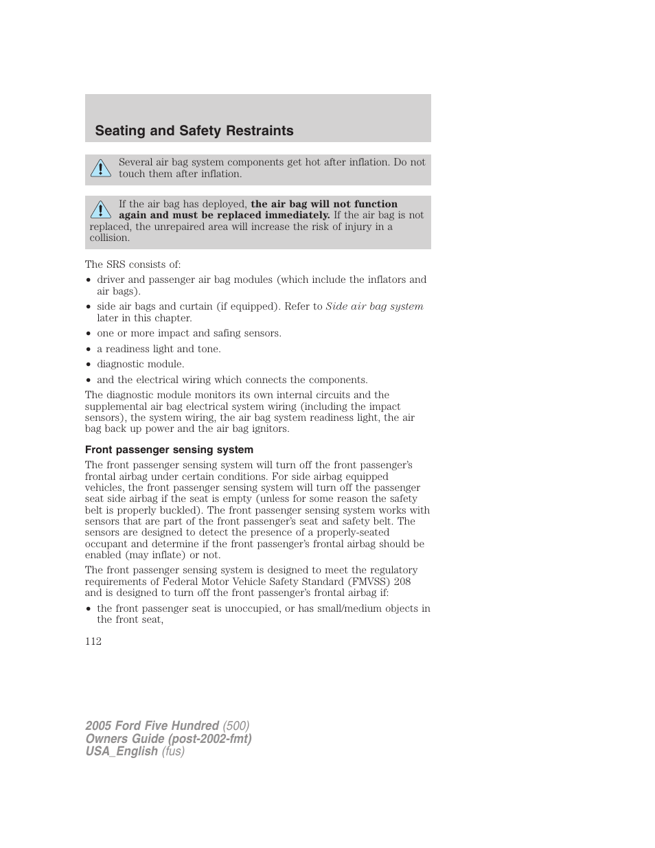 Seating and safety restraints | FORD 2005 Five Hundred v.2 User Manual | Page 112 / 264