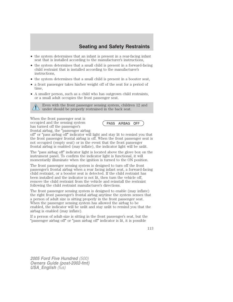 Seating and safety restraints | FORD 2005 Five Hundred v.2 User Manual | Page 113 / 264