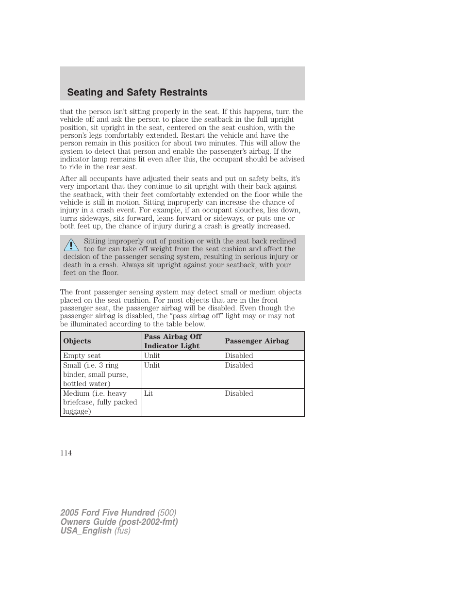 Seating and safety restraints | FORD 2005 Five Hundred v.2 User Manual | Page 114 / 264