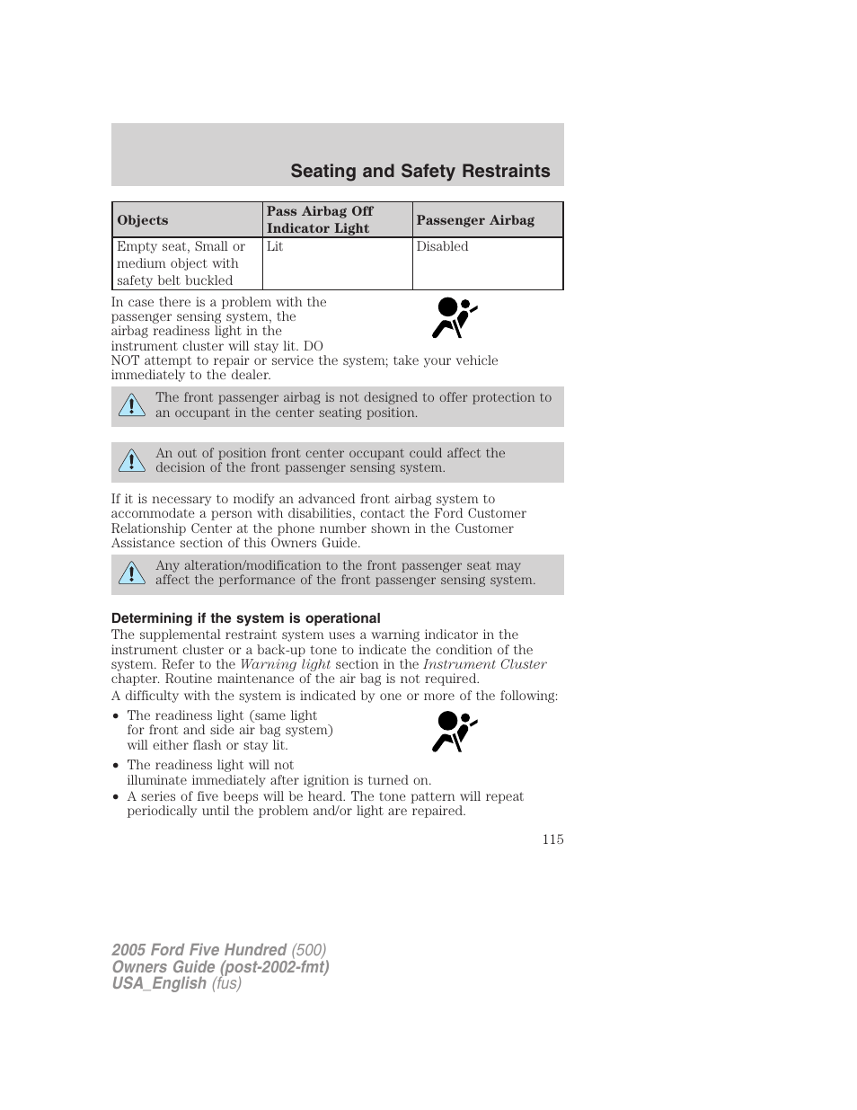 Seating and safety restraints | FORD 2005 Five Hundred v.2 User Manual | Page 115 / 264